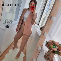 REALEFT Autumn Winter Women's Pant Suit Double Breasted Notched Blazer Jacket & Pant Office Wear Women Suit Female Sets 211007