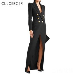 Casual Dresses Sexy Slit Blazer Maxi Dress 2021 Elegant Double Breasted Long Sleeve Office Lady Party Black Bodycon