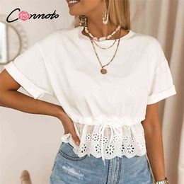 Conmoto Casual white drawstring waistband t-shirt ruffled O-neck short sleeve T tops cotton Elegant holiday top shirts summer 210623