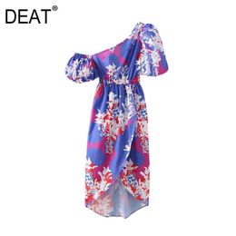 [DEAT] Summer Fashion Asymmetric Collar High Knee-length Waist Short Sleeve Printing Irregular Dress Women 13Q579 210527