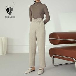 FANSILANEN High waist ruffle knitted pant elastic straight casual Autumn winter wool blend trousers 210607