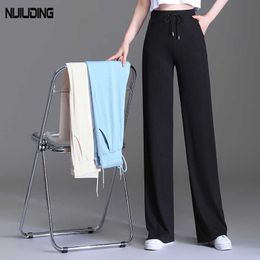 Office Ladies Women High Waist Knitted Wide Leg Pant Autumn Elastic Loose Suits Straight Pant Female Solid Casual Long Trousers Q0801