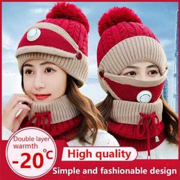 3 Pieces Set Women's Knitted Hat Scarf Caps Neck Warmer Winter For Ladies Girls Skullies Beanies Warm Fleece 211229
