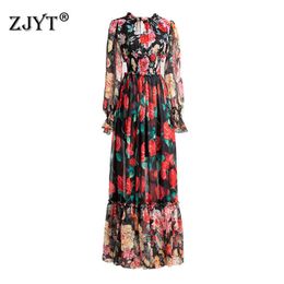 Prairie Chic Floral Print Long Holiday Chiffon Dresses Spring Runway Fashion Women Vintage Bohemian Robe Femme Party Vestidos 210601