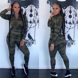 New High Elastic Women Two Piece Set Camouflage Suit Long Sleeve Casual Tracksuit Jogger Set Top and Pants Wholesale Dropshpping Y0625