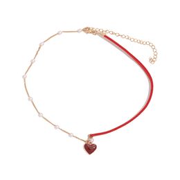 Short Small Red Heart Choker Simple Temperament Net Love Pearl Chain Necklace Rope Necklaces Women Wedding Jewellery