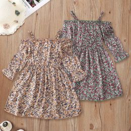 Fashion Baby Girls Clothes Dress Summer Children Outfits Floral Halter Belt Long Sleeve Waist Closed Middle Child Dresses Girl Clothing