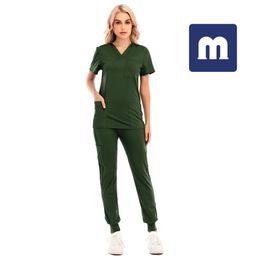 Medigo-034 Women's Two Piece Pants Solid Colour Spa Threaded Clinic Work Suits Tops+pants Unisex Scrubs Pet Nursing hospital Uniform Suit