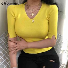 High Elasticity Women V-neck Knited Pullover Sweater Sexy Half Sleeve Fashion Solid Jumper Female Spring Autumn Slim Tops 210805