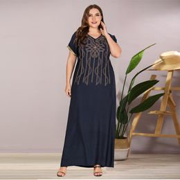 Siskakia Summer Women Maxi Dress Vintage Ethnic Casual Plus Size Embroidered Beaded Navy Loose Short Sleeve Female Clothes 210302