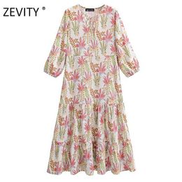 Zevity women vintage o neck lace up print casual loose dress chic female three quarter sleeve vestidos party dresses DS4164 210603