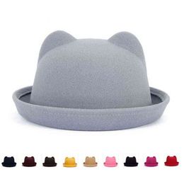 Fashion Parent-child bowler hat wool felt Fedora hats for Women Girls Children solid Cat Ear formal cap trilby Sombrero Derby Y1118