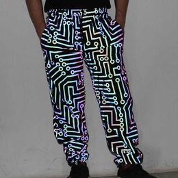 Hip-hop Geometric Printed Cargo Pants Colourful Reflective Casual for men and women Europen Streetwear Loose Plus Size 3XL 210531