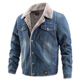 AIOPESON Plus Velvet Thick Denim Jacket Men Casual Lapel Cotton Jeans Jacket Men Fur Collar Warm Winter Mens Jackets And Coats 210819