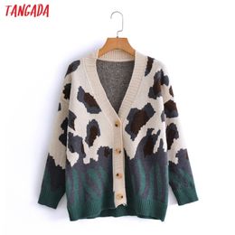 Tangada Autumn Women Green Leopard Print Knitted Cardigan Sweater Jumper Vintage Long Sleeve Button-up Female Outerwear 3A5 211018