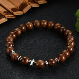 Charm Bracelets Vintage Brown Wood Beaded Bracelet Men's Cross Personality Punk Retro Jewelry Fashion Accessories