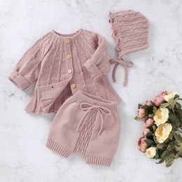 Emmababy Free Shipping Baby Girls Boys Set Knitted Long Sleeve Cardigan Hat PP Pants Hats Newborn Infant Girl Boy Clothing 3-24M 210309