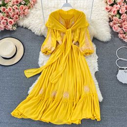Bohemian White/Yellow/Red Embroidered Dress Women Scarf Collar Puff Long Sleeve Elegant High Waist Vestidos 2021 Female Robe New Y0603