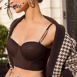 Sexy club chain sling tops Chic solid Colour sleeveless crop tops Low Chest Off Shoulder Short Tank tops 210625