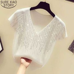 Summer Sexy Short-sleeved Shirt White Tops Korean Fashion Ice Silk Shirt Women V-neck Blouse Slim Ladies Blusas 14423 210527