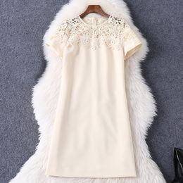 2021 Summer Short Sleeve Round Neck Beige Lace Chiffon Panelled Knee-Length Dress Elegant Casual Dresses MM128A787