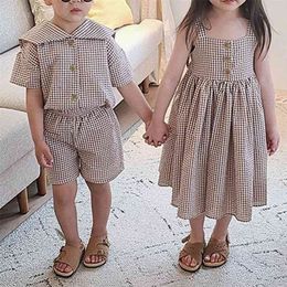 plaid girls with long dress halter sailor neck short sleeve shorts set for boys and kids clothes 210702