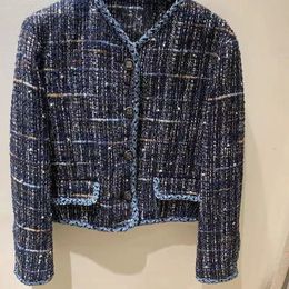 2022 Spring Long Sleeves V Neckline Blue Jacket French Style Solid Colour Tweed Panelled Single-Breasted Jackets Short Outwear Coats O277143