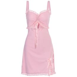 Kawaii Pink PixieKiki Mini Dress Y2k Clothes Cute Sweet College Style Lace Bow Split Bodycon Summer Dresses for Women P15-DZ18 C0304