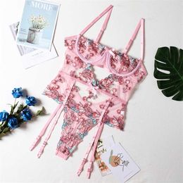 Floral Embroidery Lace Bodysuit Women's Underwear Mesh Shapers Sexy Lingerie Women 3 Piece Thongs Graters Push up Bra Brief Sets 211218