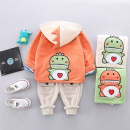 pure cotton suit striped cartoon dinosaur casual sportswear hooded sweater 3-piece Baby boy clothes 210309