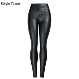 High Waist PU Snake skin Black Pants Women Button Fly Skinny PU Trouser Femme Autumn Winter Plus Velvet Leather Coating Leggings Q0801