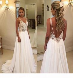 2021 Boho Wedding Dresses Sexy Backless Lace Applique Straps Chiffon Sweep Train Custom Made Beach Wedding Gown Plus Size vestido de novia