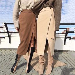 Womens Winter Skirt Wool Autumn Irregular Slit Female Brown Thick Warm Clothes Fall Lace-up Wrap Work Office Long Skirts T200518