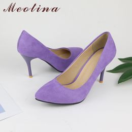 Meotina Shoes Women High Heels Pumps Flock Pointed Toe Women Pumps Ladies Shoes Thin High Heel Large Size 9 10 43 Blue Purple 210225