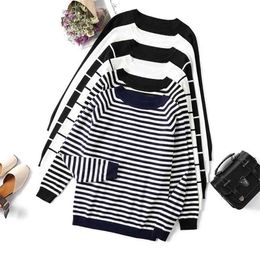 Autumn Winter Long Sleeve Striped Pullover Women Sweater Knitted Sweaters O-Neck Tops Korean Pull Femme Jumper Female White 210922