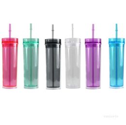 16oz Acrylic Skinny Tumbler Double Wall Clear Drinking Cup with Lid and Straws Heat Proof Water Bottle Drinkware ZC343