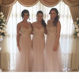 Blush Pink Bridesmaid Dresses Straps Lace Applique Sleeveless Sheer Neck Custom Made Maid of Honor Gown Plus Size Beach Wedding vestido