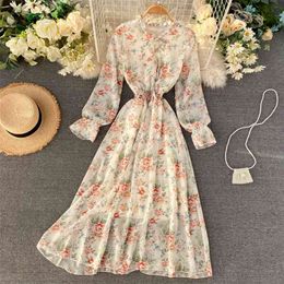 Chic Korea Sweet Chiffon Print Long Sleeve High Waist Thin A-line Dress Women Stand Neck Elegant Vestidos K945 210527