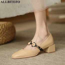 ALLBITEFO flowers buckle comfortable soft genuine leather high heels thick heel fashion women pumps high heel shoes basic shoes 210611