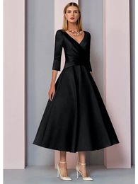 Champagne/Black/Blue A-Line Mother of the Bride Dress Plus Size Elegant Vintage V Neck Tea Length Satin 2022 Wedding Party Gown