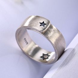 100% Real S925 sterling silver simple stylish brushed six-pointed star adjustable woman ring
