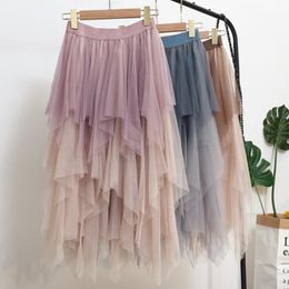 Skirts Gradient Color Irregular Long Mesh Skirt Puff Fairy Dress Cakee Patchwork Multi-Layered A-line Sweet Tiered Tulle