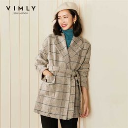 VIMLY Winter Plaid Coats and jackets for women Fashion Lapel Pockets Belt Overcoat Elegant Female Blazer Woollen Coat F2998 211106