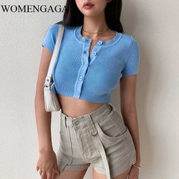 WOMENGAGA Street Short Knit Stretch Top Women's High Waist Navel T-shirt Tight Slim Summer Clothes Tops QAEZ 210603