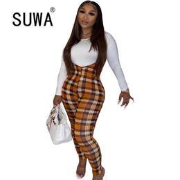 Fashion Streetwear Suspender Pencil Pants Women Clubwear Trouser Playsuit Bodycon Party Jumpsuit Two Piece Matching Sets 210525