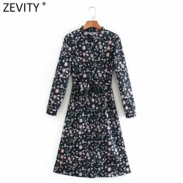 Zevity Women Elegant Stand Collar Floral Print Bow Sashes Shirt Dress Femme Long Sleeve Breasted Casual Vestido Cloth DS4699 210603