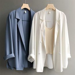 Fashion Women Loose Summer Blazers Outerwear Female Elegant Chiffon Coat Korean Office Ladies Casual Solid Tailored 211122