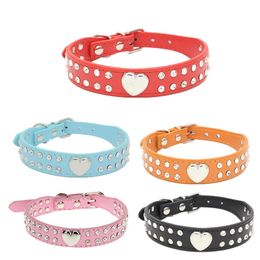 Rhinestone Pet Dog Collars PU Leather With Heart Charms for Small Medium Dogs Leashes