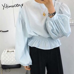 Yitimuceng Blue Blouse Woman Ruffles Ruched Tops Korean Fashion Long Lantern Sleeve Office Lady Shirt Spring Summer 210601