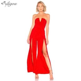 Ladies Red Black Sexy Halter Jumpsuit Overalls Split Wide-Leg Summer Bandage 210525